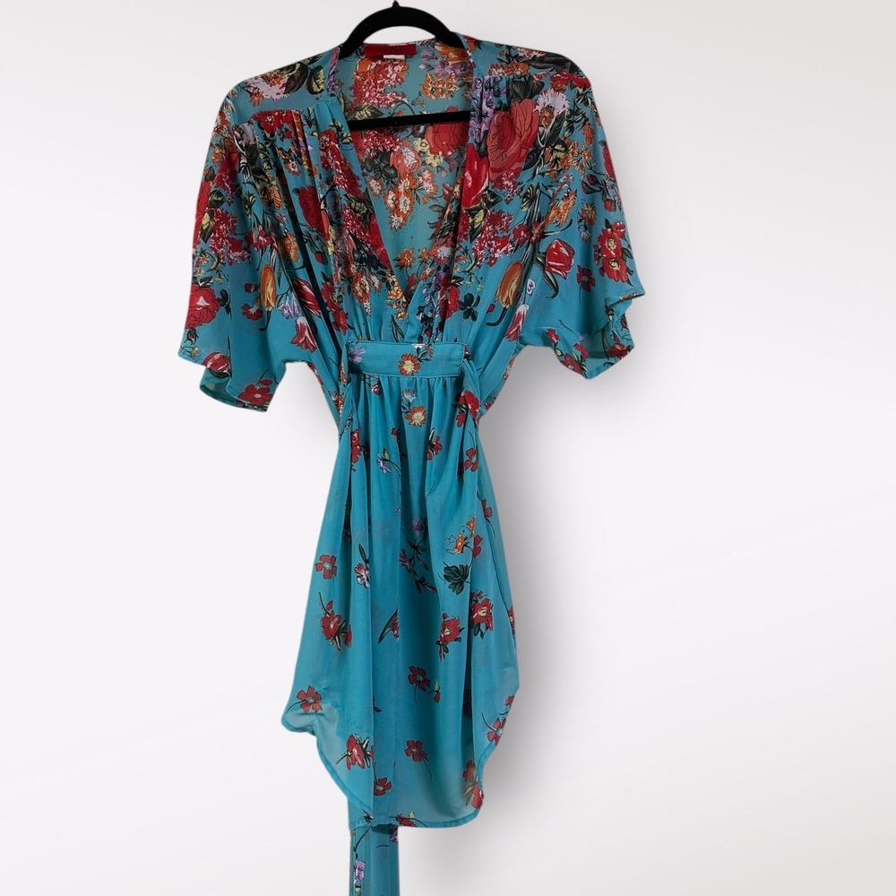 Akira M Tunic Top Blue‎ Floral Tied V-Neck Party Work Casual